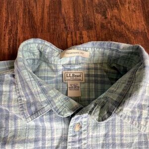 LL Bean Shirt Mens XL Tall Traditional Fit Button Short Sleeve Blue Green Cotton